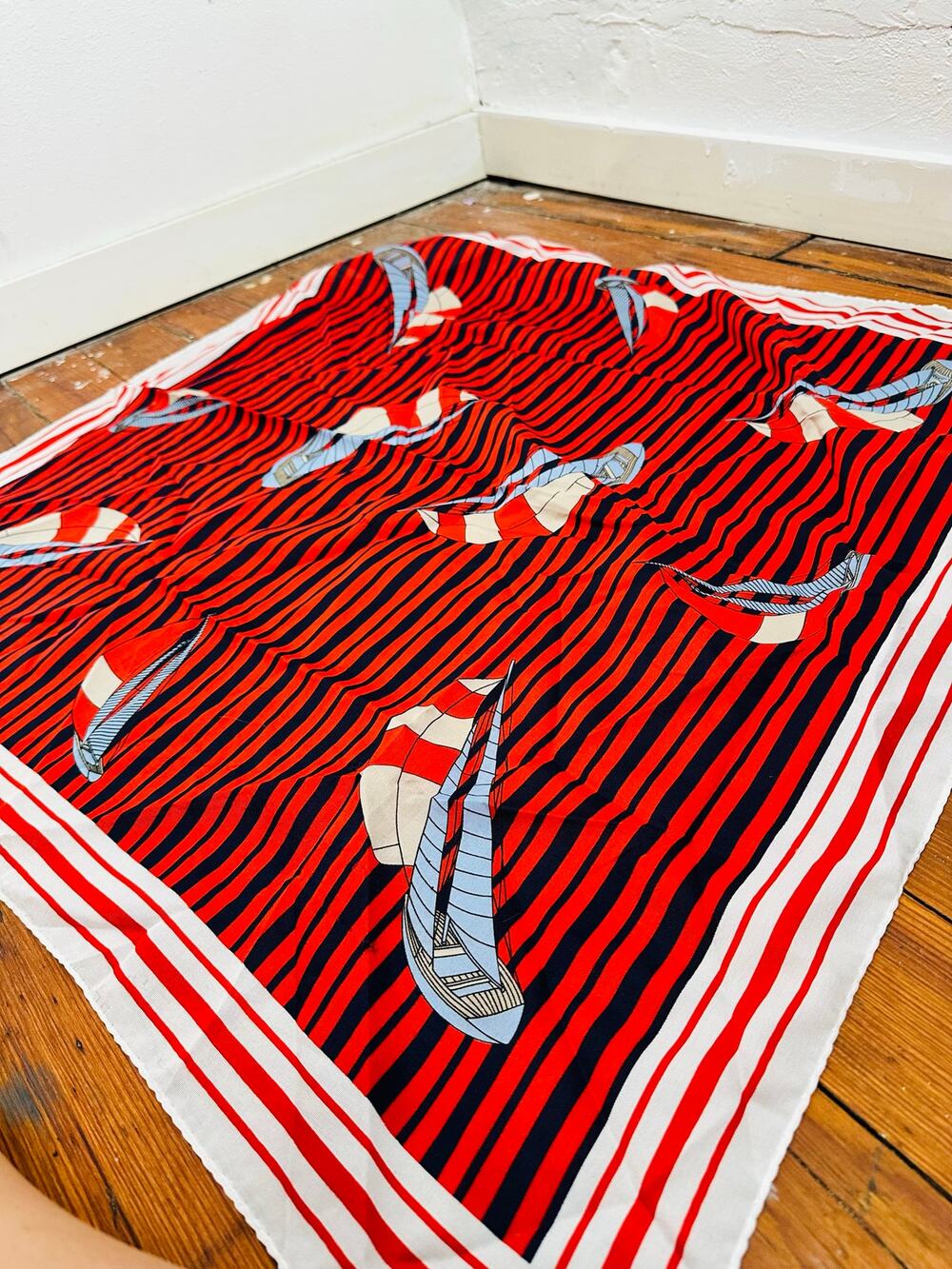 Vintage 70/80s Red White Black Horizontal Striped Sailboats Design Scarf